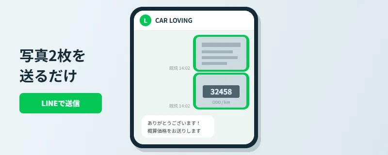 CAR LOVING公式LINEに車検証とメーターの写真2枚を送信した画面|最短30分で概算価格を返信